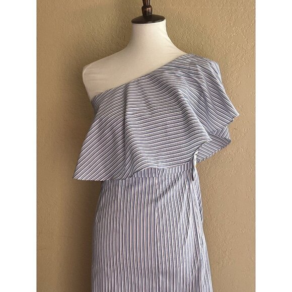 BAR III $80 Blue Striped Ruffled Slitted Dress One Shoulder Cotton Size S - Picture 5 of 10
